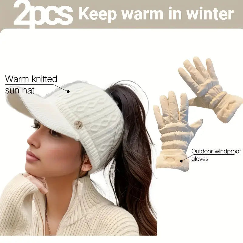 2pcs Winter Knitted Hat and Gloves Set - Elastic and Warm Outdoor Accessories, Knitted Baseball Cap and Thick Warm Gloves MyFave Boutique