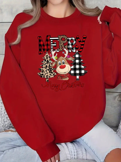 Women's Christmas Casual Sweatshirt with Merry Christmas Lettering and Reindeer Tree Print - 100% Polyester Knit Fabric, Crew Neck Pullover with Slight Stretch, All Season Comfort MyFave Boutique