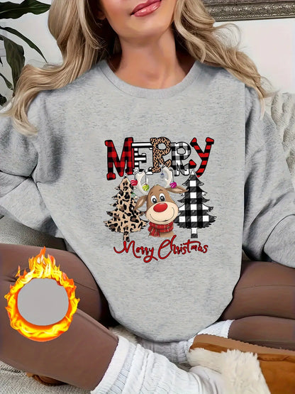 Women's Christmas Casual Sweatshirt with Merry Christmas Lettering and Reindeer Tree Print - 100% Polyester Knit Fabric, Crew Neck Pullover with Slight Stretch, All Season Comfort MyFave Boutique