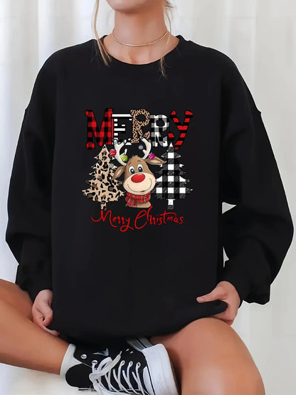 Women's Christmas Casual Sweatshirt with Merry Christmas Lettering and Reindeer Tree Print - 100% Polyester Knit Fabric, Crew Neck Pullover with Slight Stretch, All Season Comfort MyFave Boutique