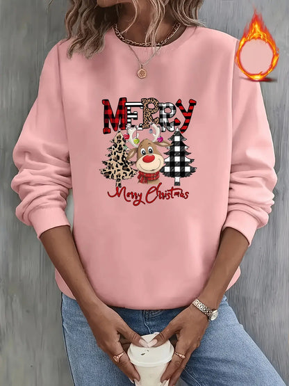 Women's Christmas Casual Sweatshirt with Merry Christmas Lettering and Reindeer Tree Print - 100% Polyester Knit Fabric, Crew Neck Pullover with Slight Stretch, All Season Comfort MyFave Boutique