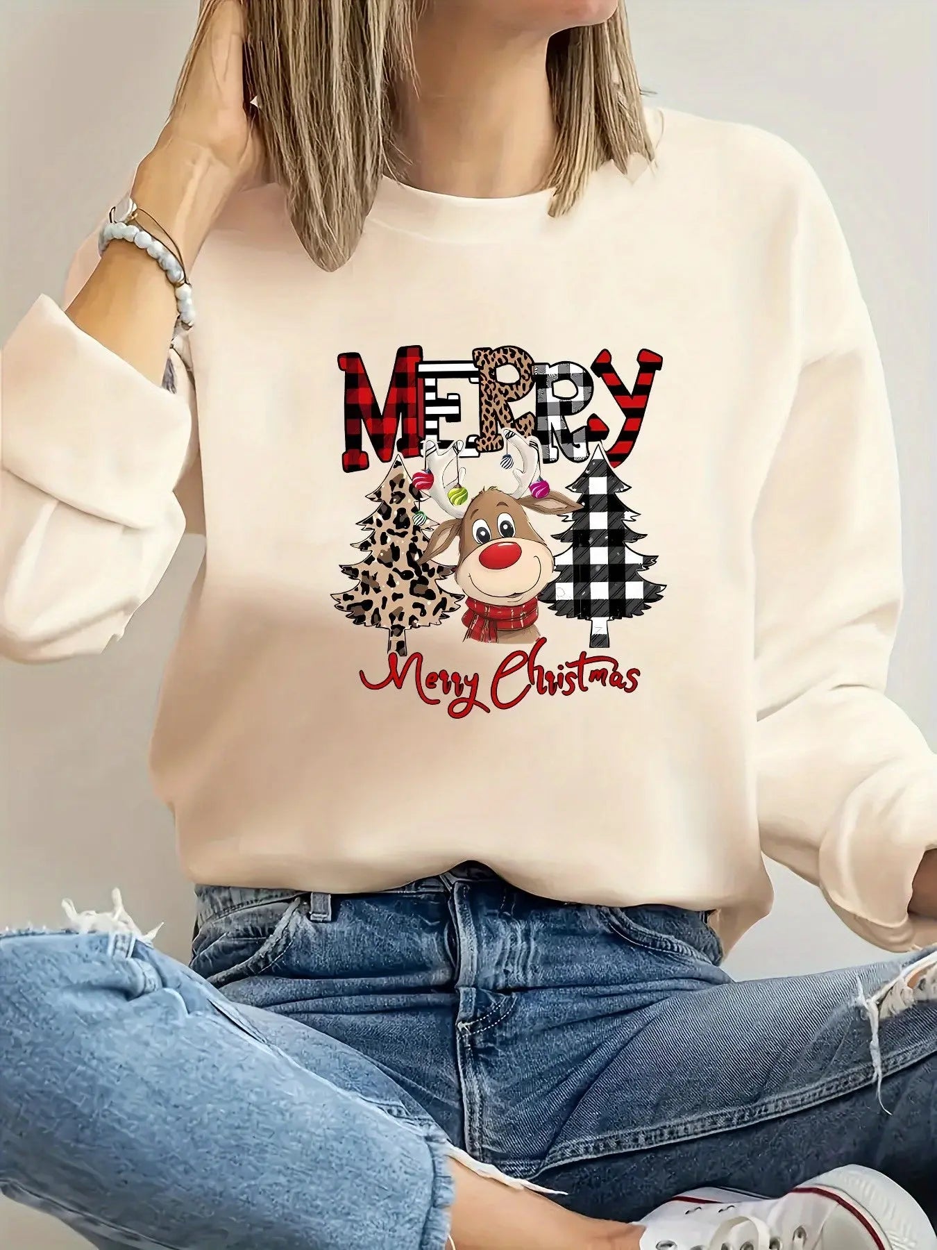 Women's Christmas Casual Sweatshirt with Merry Christmas Lettering and Reindeer Tree Print - 100% Polyester Knit Fabric, Crew Neck Pullover with Slight Stretch, All Season Comfort MyFave Boutique