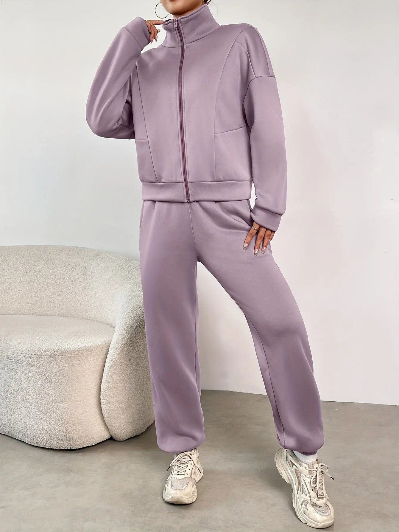 Solid Color Casual Pantsuits, Full Zip Long Sleeve Jacket & Drawstring Elastic Waist Dual Pockets Jogger Pants Outfits, Women's Clothing MyFave Boutique