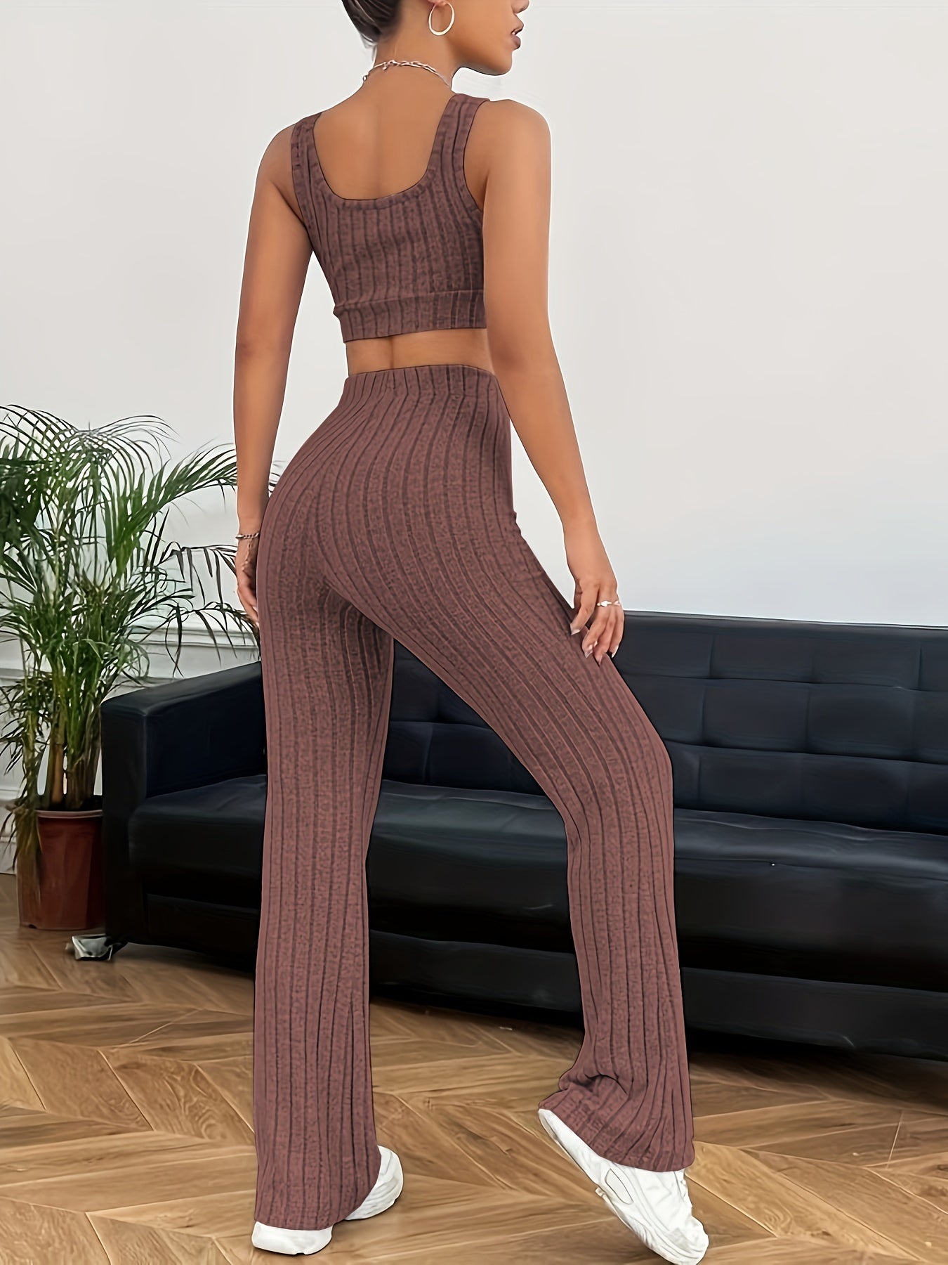 Solid Ribbed Sporty Casual Two-piece Set, Crop Tank Top & High Waist Pants Outfits, Women's Clothing MyFave Boutique