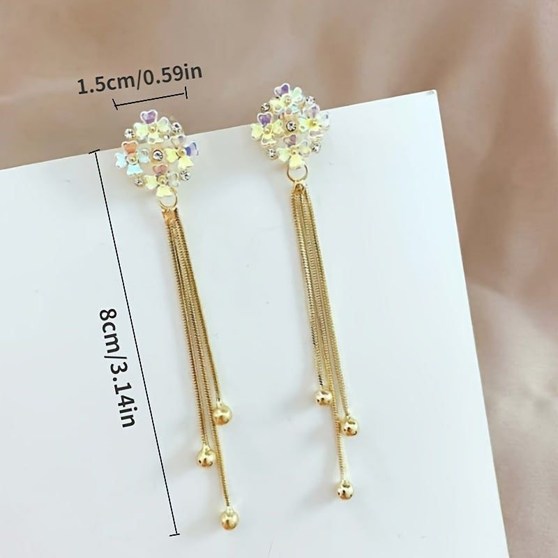 Elegant Golden Tassel Drop Earrings With Crystal Flowers & Zircon - 925 Silvery Post, Perfect For Daily Wear Or Parties Beaded Earrings For Women Flower Earrings For Women MyFave Boutique