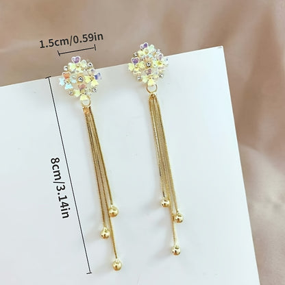 Elegant Golden Tassel Drop Earrings With Crystal Flowers & Zircon - 925 Silvery Post, Perfect For Daily Wear Or Parties Beaded Earrings For Women Flower Earrings For Women MyFave Boutique