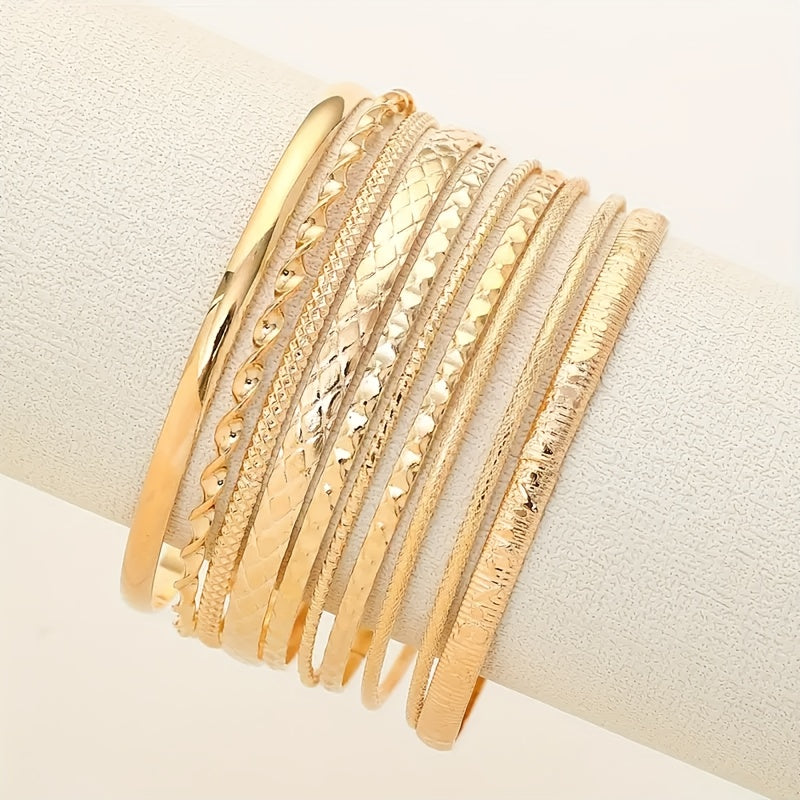 Chic 10 Piece Bracelet Set - Elegant Textured Design - Golden - A Versatile Accessory For Everyday Fashion, The Perfect Gift For That Special Someone, To Show Love And Appreciation To Family Or Friends MyFave Boutique