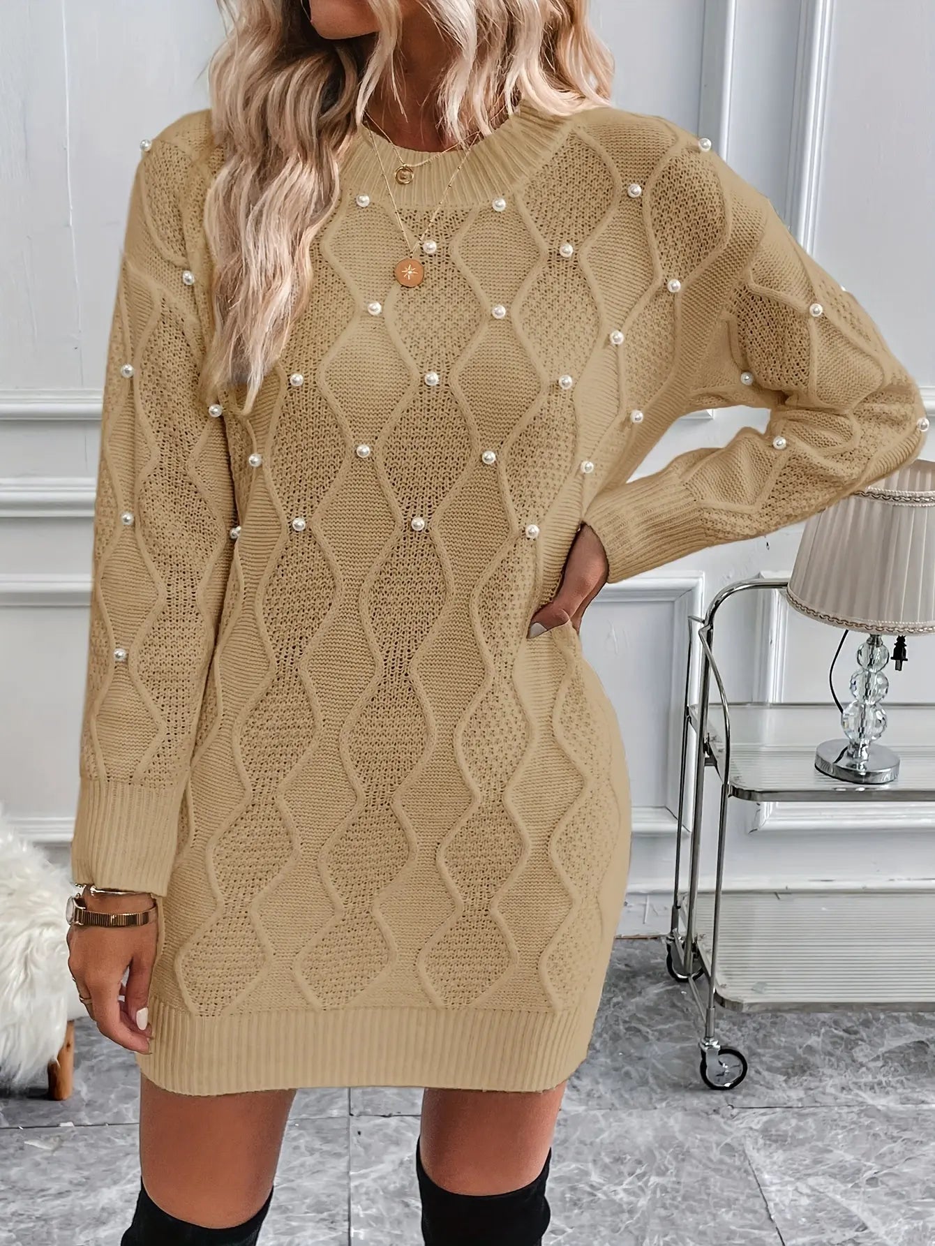 Geo Pattern Beaded Sweater Dress, Elegant Crew Neck Long Sleeve Knitted Dress For Fall & Winter, Women's Clothing MyFave Boutique