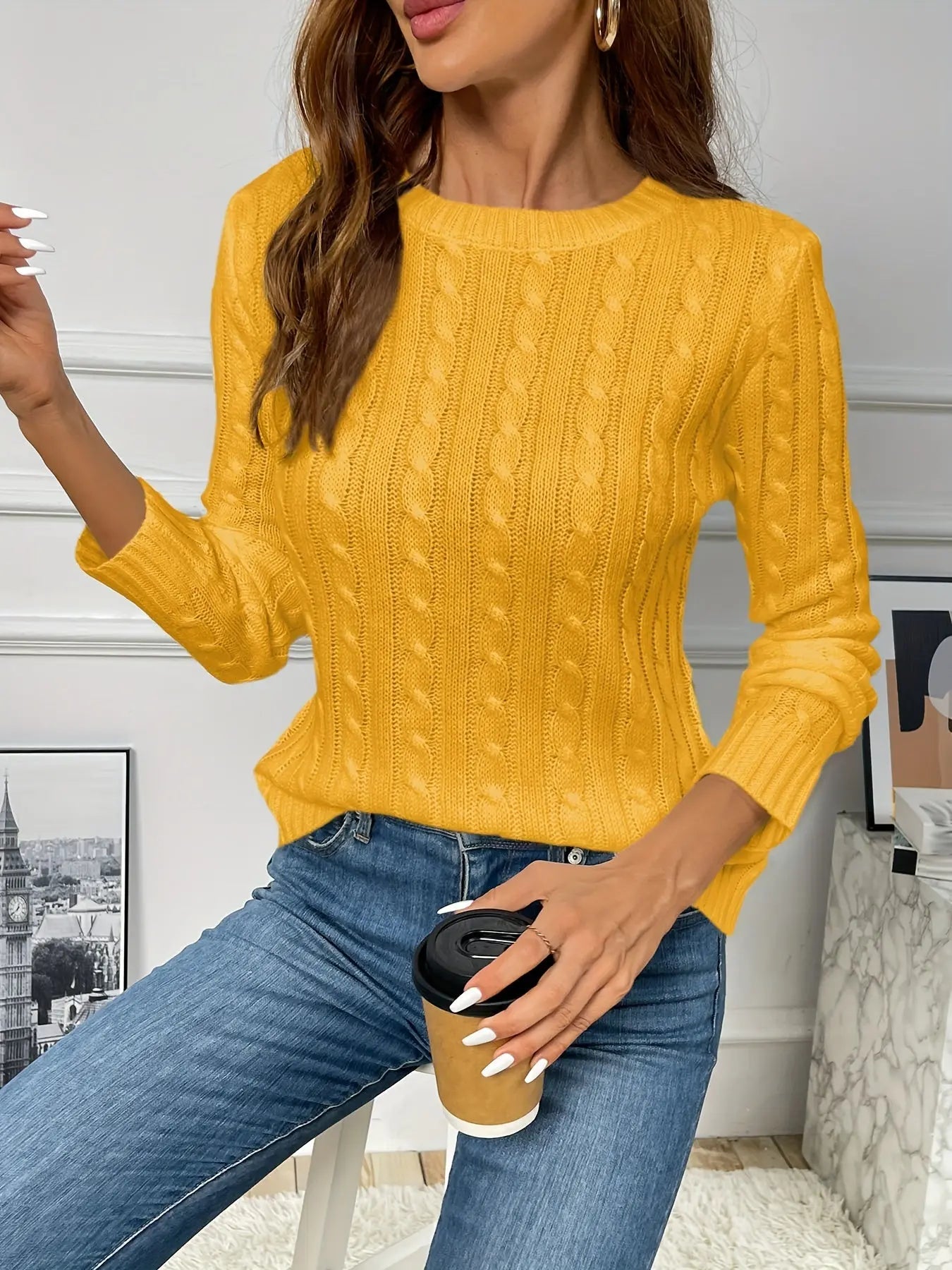 Cable Knitted Crew Neck Sweater, Casual Long Sleeve Pullover Sweater For Fall & Winter, Women's Clothing MyFave Boutique