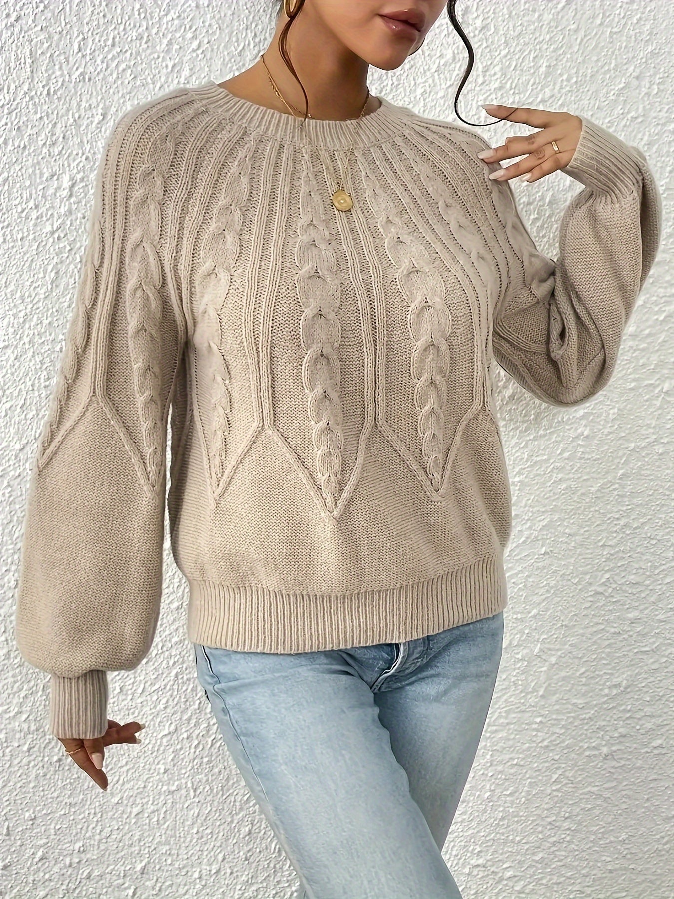 Cable Knit Crew Neck Sweater, Elegant Long Sleeve Sweater For Fall & Winter, Women's Clothing MyFave Boutique