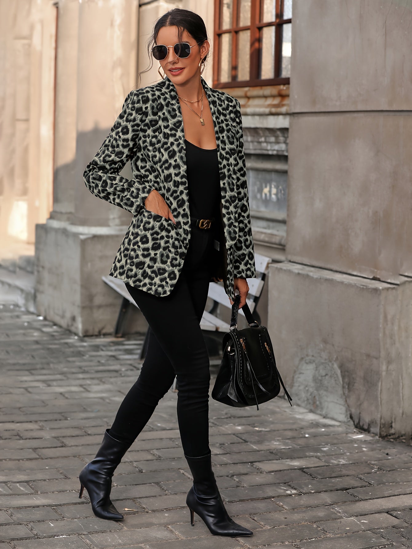 Leopard Print Open Front Blazer, Elegant Lapel Neck Long Sleeve Blazer For Office & Work, Women's Clothing MyFave Boutique