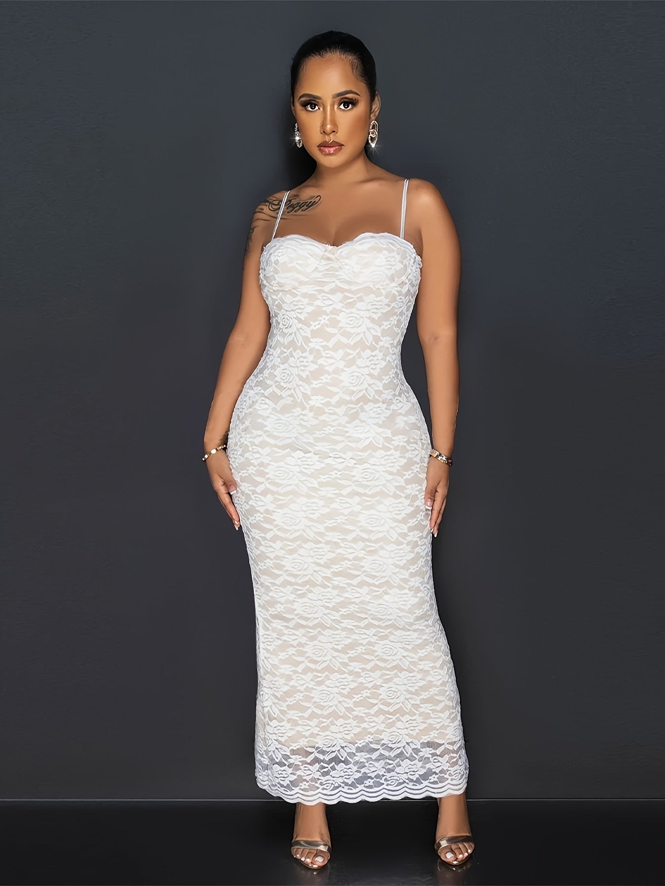 Lace Spaghetti Strap Dress, Sexy Sleeveless Bodycon Maxi Dress For Nightclub, Women's Clothing MyFave Boutique