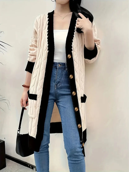 Contrast Trim Button Front Cardigan, Elegant Long Sleeve Pocket Mid-length Cardigan For Spring & Fall, Women's Clothing MyFave Boutique