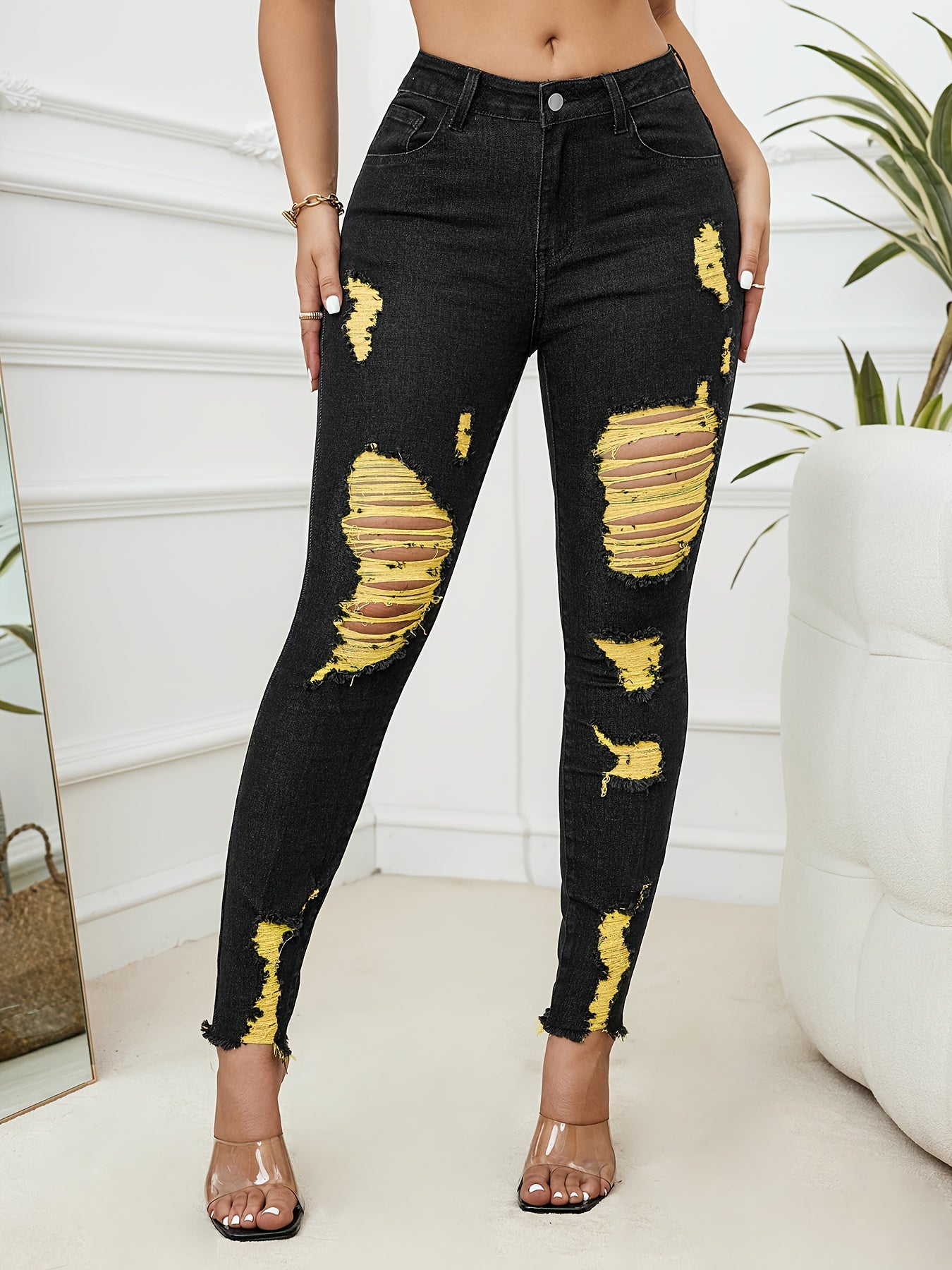 Stylish Women's Mid-Waist Distressed Jeans - Stretchy Denim, Casual Ripped Long Pants with Frayed Hem, Washed Effect, Black with Yellow Accent, Comfortable Fit, Versatile Style, Everyday Wear MyFave Boutique