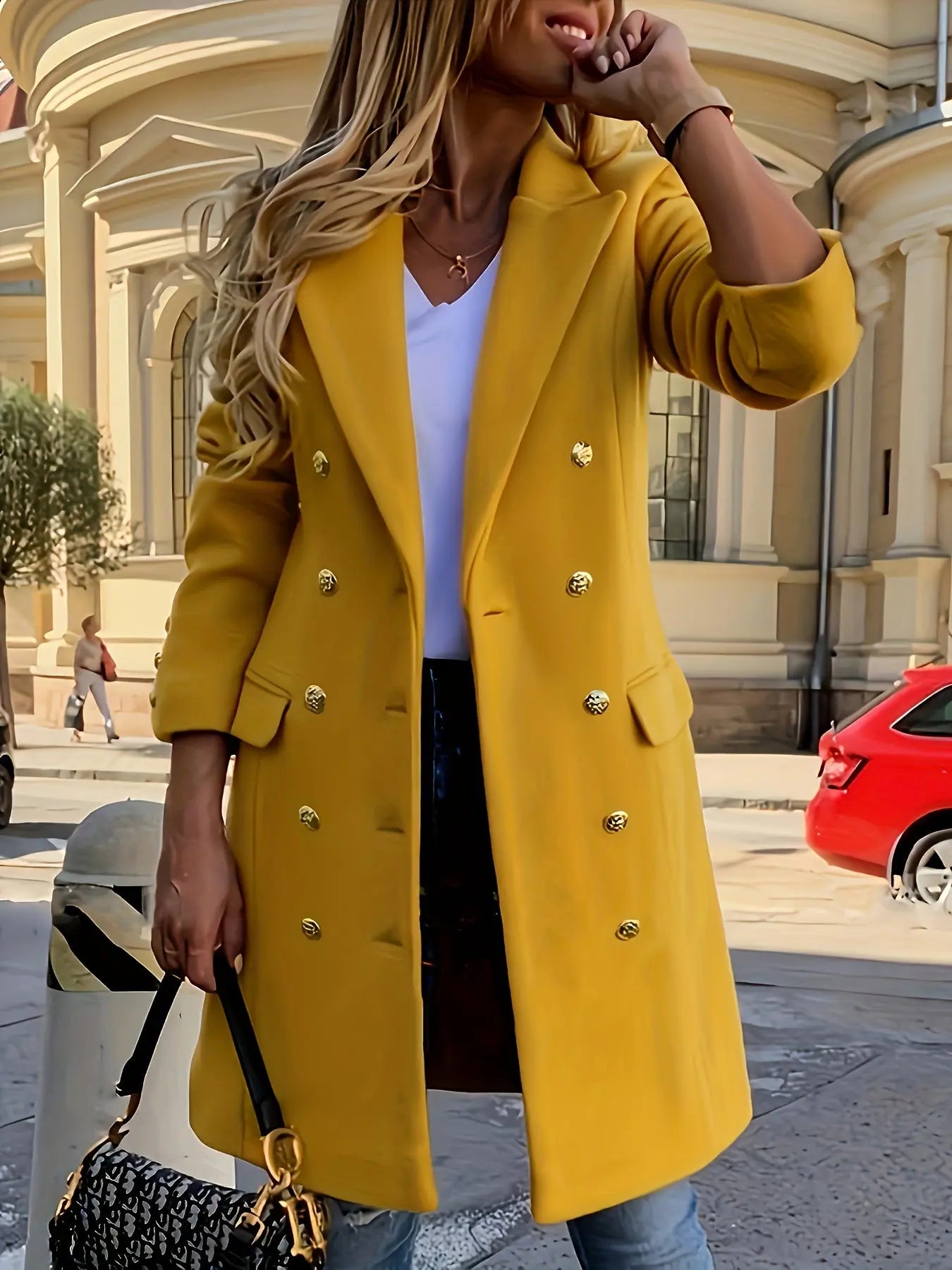 Double-breasted Lapel Collar Overcoat, Elegant Long Sleeve Mid-length Chic Outerwear For Fall & Winter, Women's Clothing MyFave Boutique