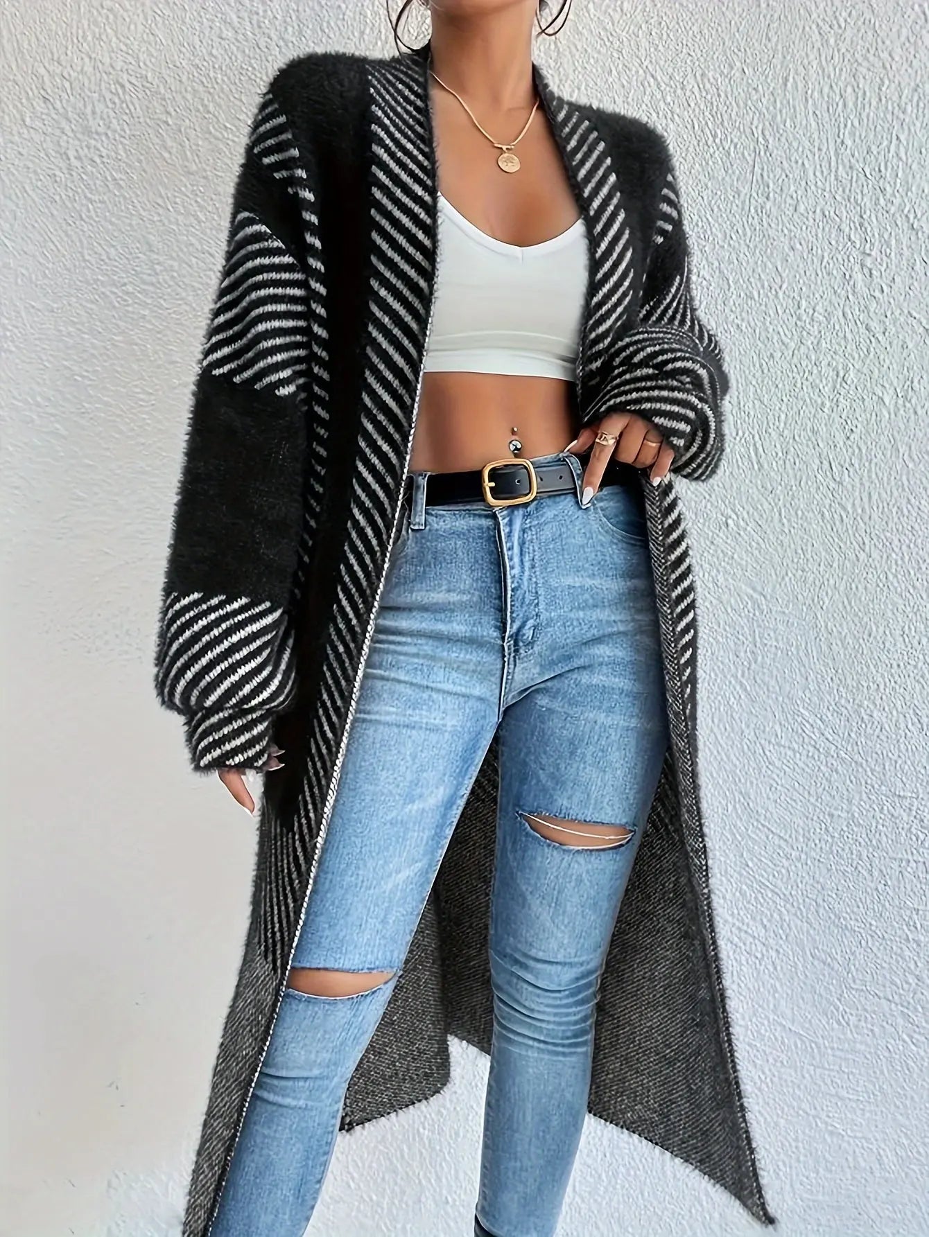 Color Block Striped Knit Cardigan, Casual Open Front Long Length Sweater Coat For Fall & Winter, Women's Clothing MyFave Boutique