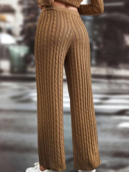 Elegant Cable Knit Pantsuits, Mock Neck Long Sleeve Split Pullover Sweater & High Waist Wide Leg Pants Outfits, Women's Clothing MyFave Boutique