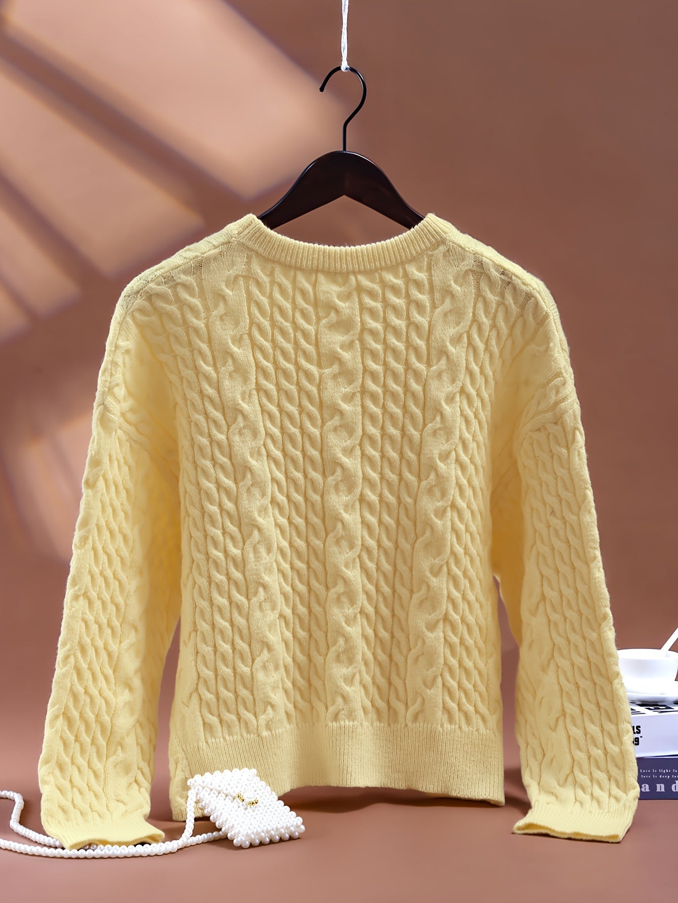 Cable Knit Crew Neck Sweater, Casual Solid Color Long Sleeve Sweater For Fall & Winter, Women's Clothing MyFave Boutique