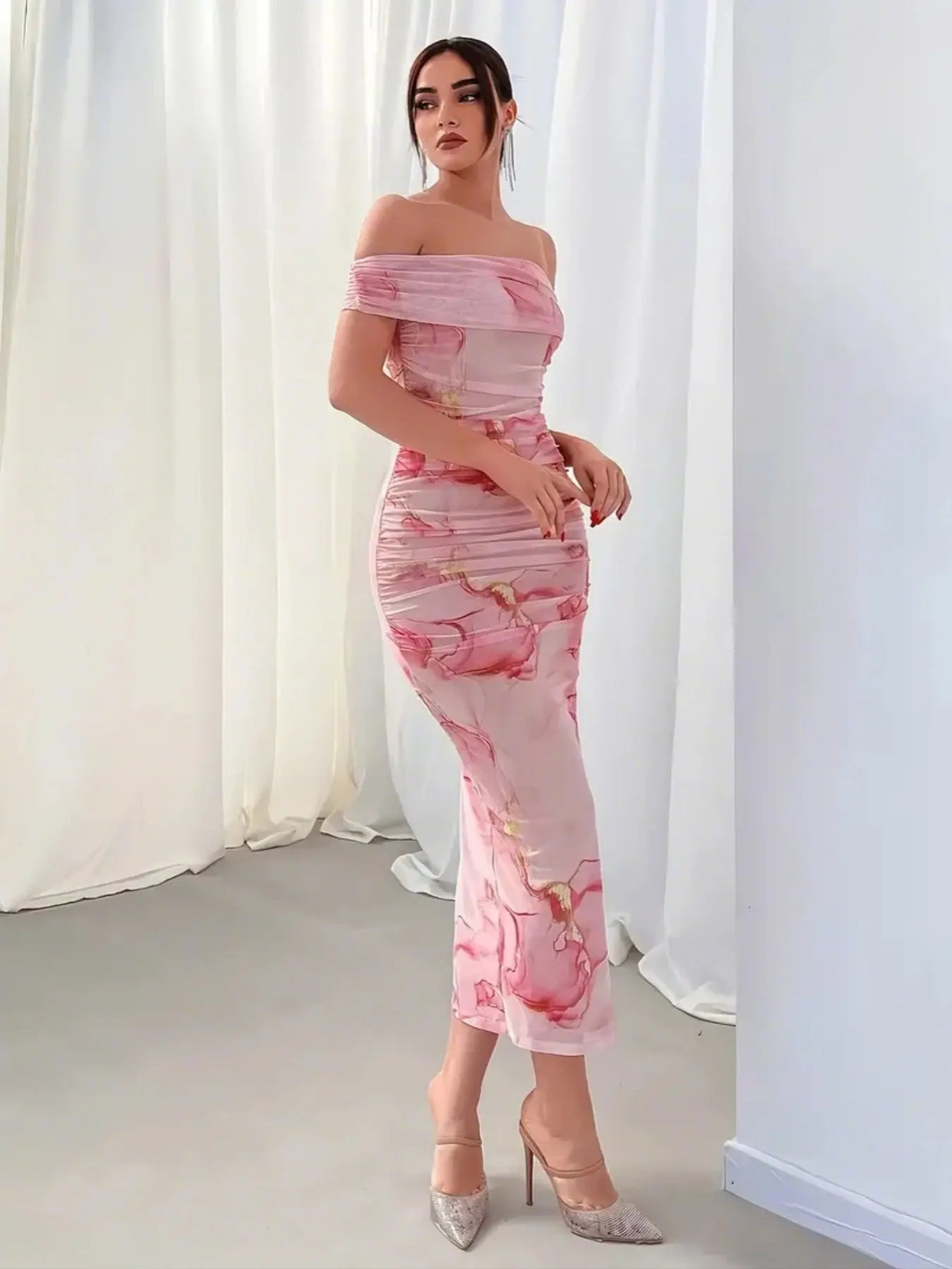 Marble Print Off Shoulder Bodycon Dress, Elegant Ruched Split Midi Dress, Women's Clothing For Party Dressing MyFave Boutique