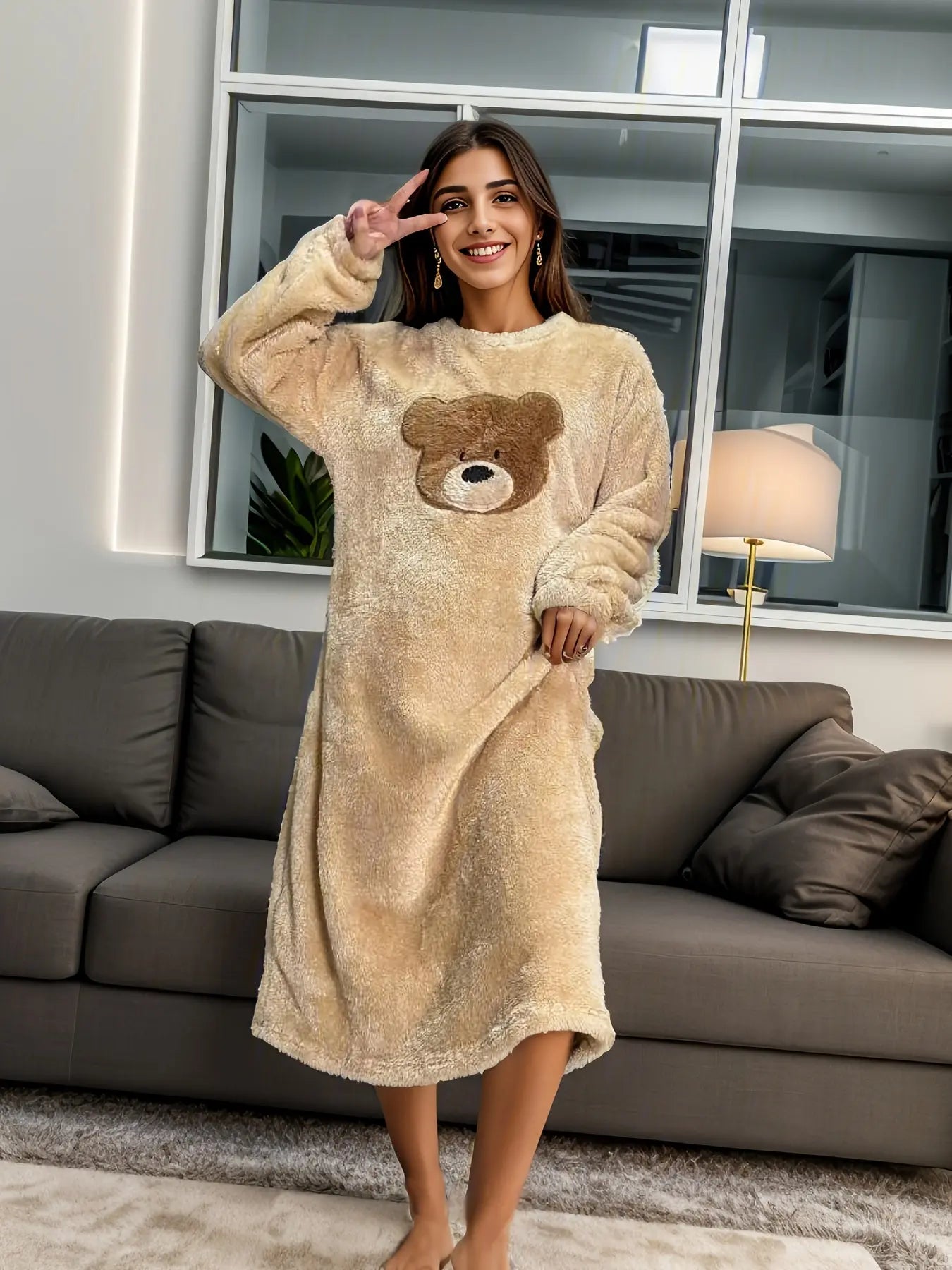 Cartoon Bear Pattern NightDress, Long Sleeve Crew Neck Fuzzy Pajama Dress, Women's Sleepwear & Dresses MyFave Boutique