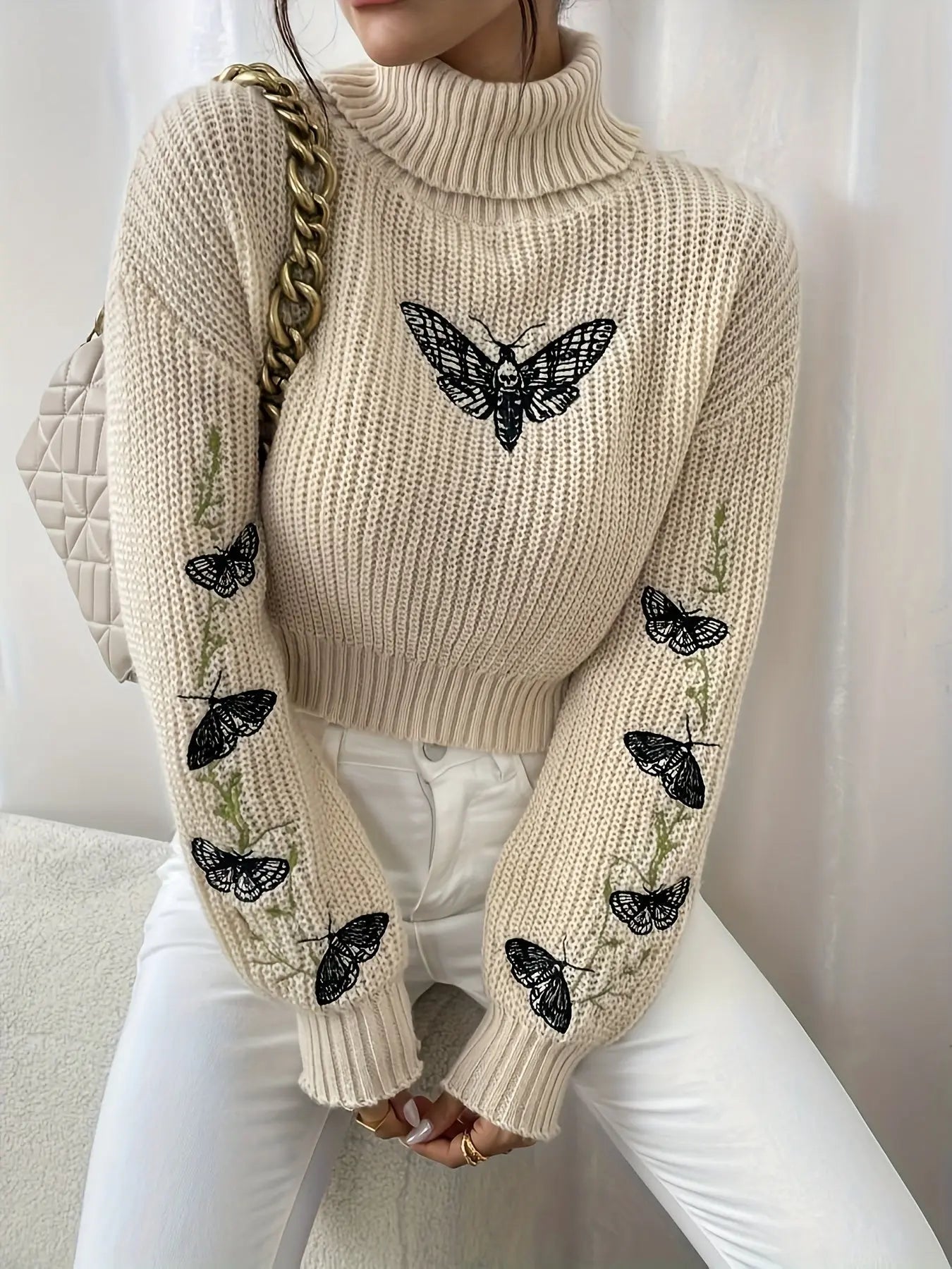 Butterfly Print Turtle Neck Long Sleeve Crop Sweater for Women MyFave Boutique