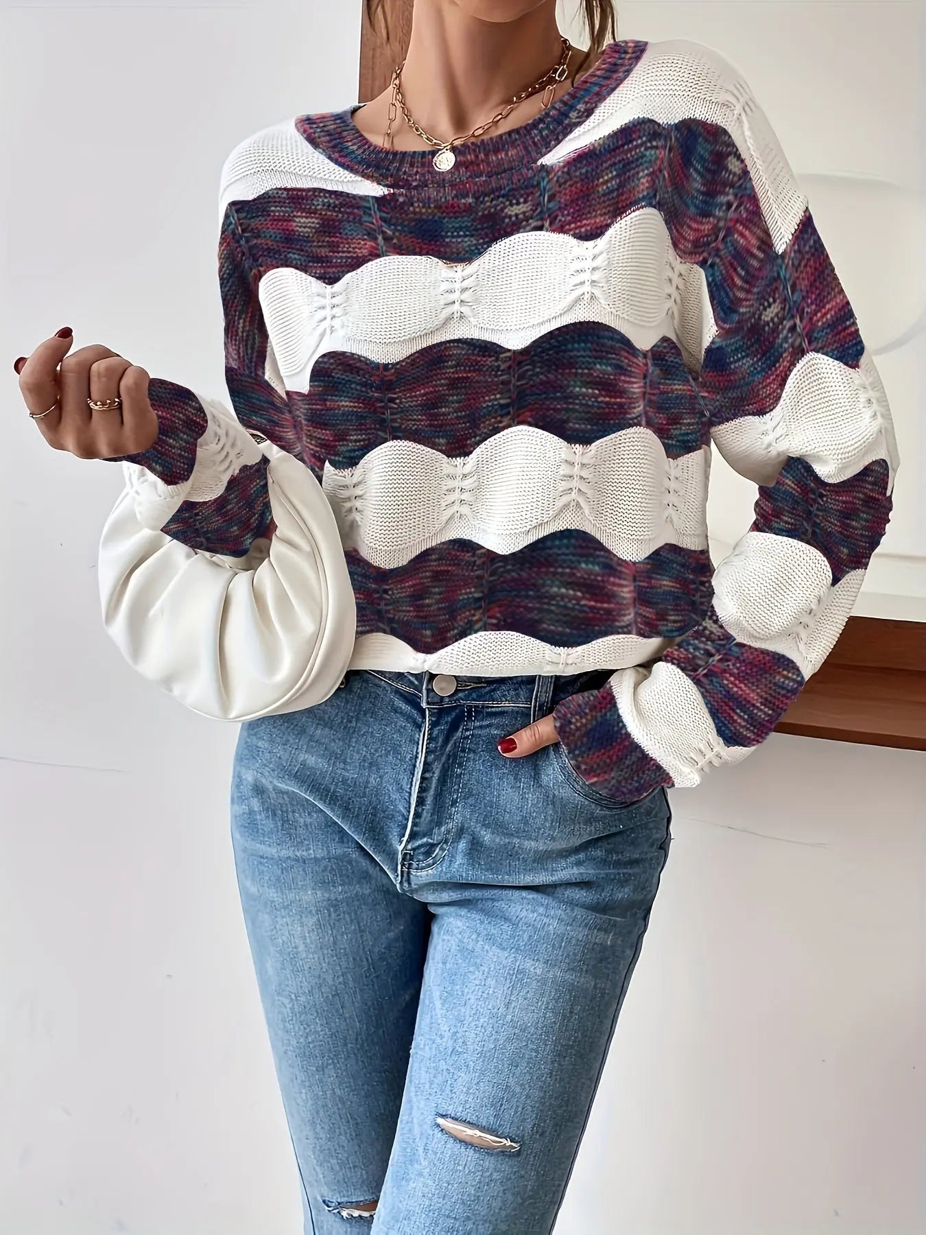 Color Block Crew Neck Sweater, Elegant Drop Shoulder Long Sleeve Sweater For Fall & Winter, Women's Clothing MyFave Boutique