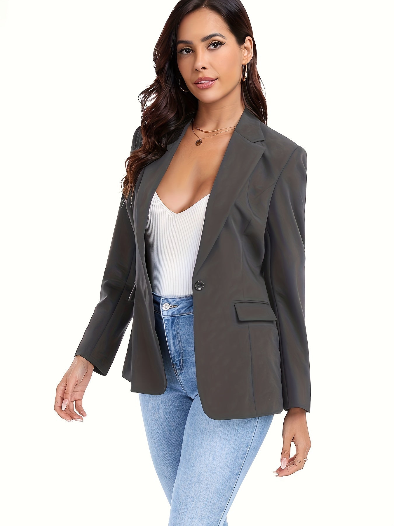 Stylish Single Button Lapel Neck Blazer With Pocket - Perfect for Office Work, Elegant Long Sleeve Women's Clothing MyFave Boutique