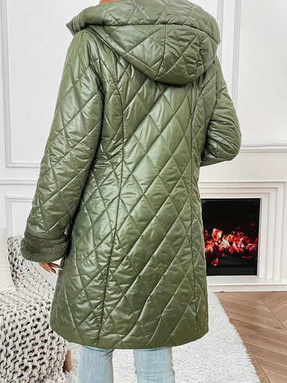 Zip-up Hoodie Longline Quilted Puffy Coat, Casual Long Sleeve Insulated Coat For Winter, Women's Clothing MyFave Boutique