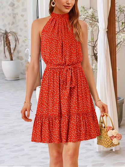 Women 2024 Summer Halter Neck Dresses Sleeveless Casual Floral Polka Dot Print Short Boho Ruffle Sundress MyFave Boutique