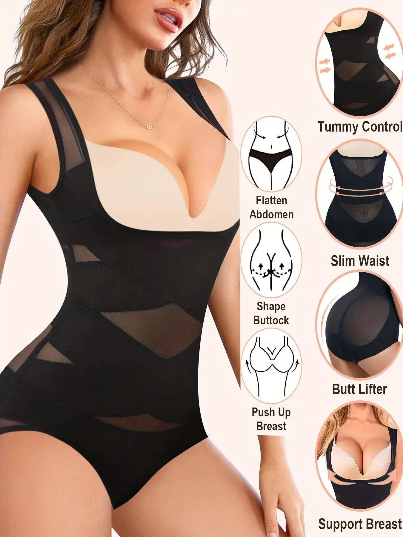 Contrast Mesh Shaping Bodysuit, Waist Trainer Tummy Control Slimming Open Bust Body Shaper, Women's Underwear & Shapewear MyFave Boutique