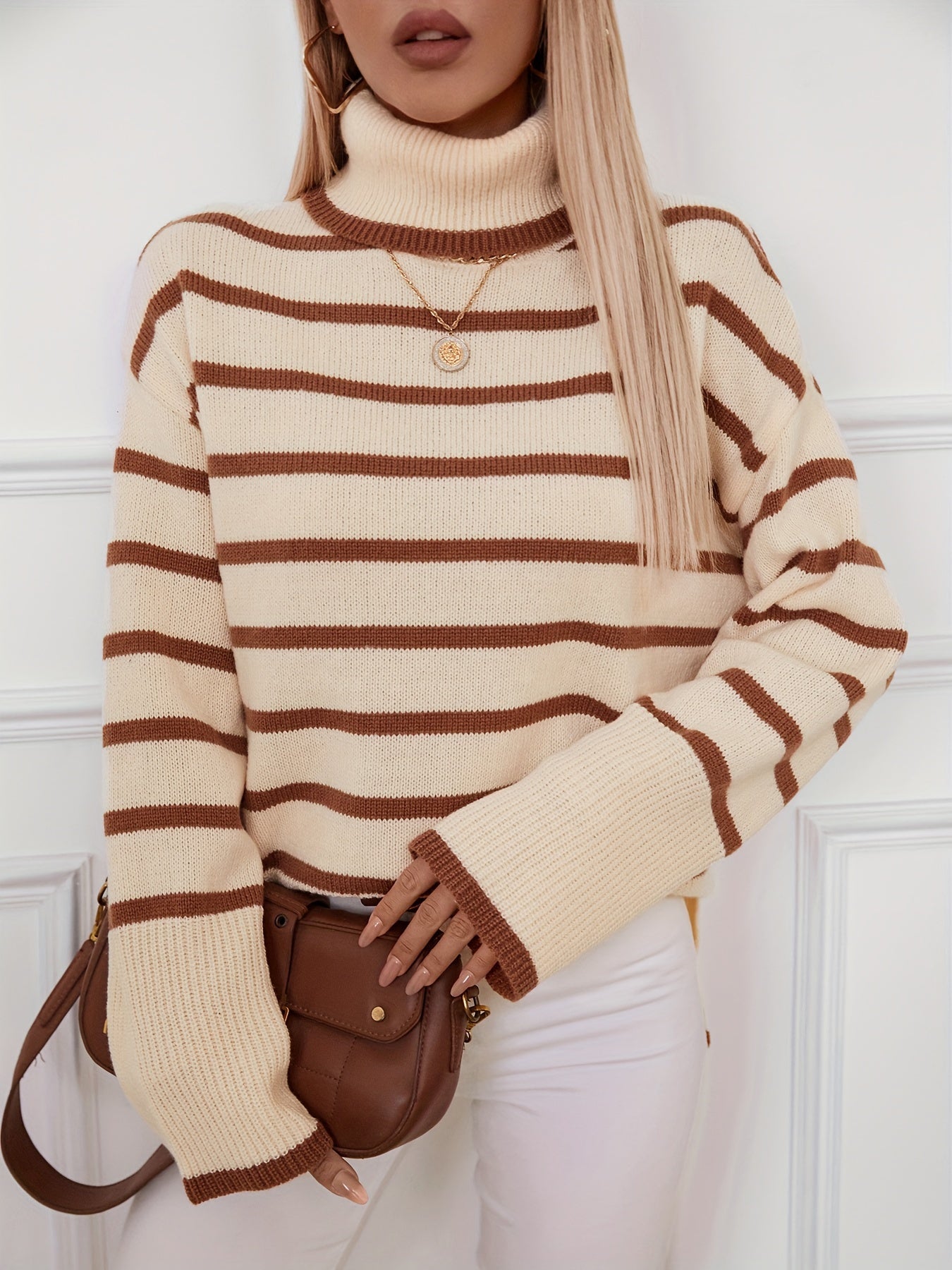 Chic Color Block Striped Turtleneck Sweater for Women - Casual Long Sleeve Knit Top, Perfect for Fall/Winter MyFave Boutique