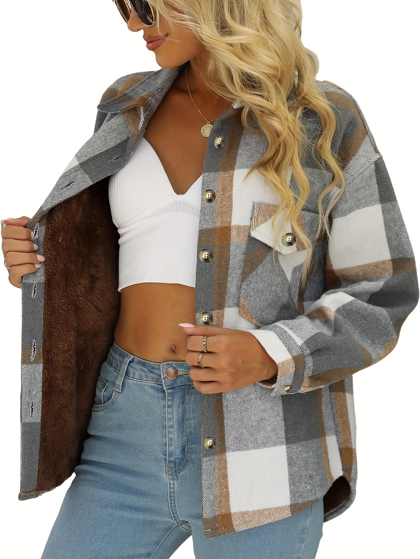 Plaid Print Button Front Jacket, Casual Lapel Neck Flap Pockets Long Sleeve Jacket For Winter & Fall, Women's Clothing MyFave Boutique