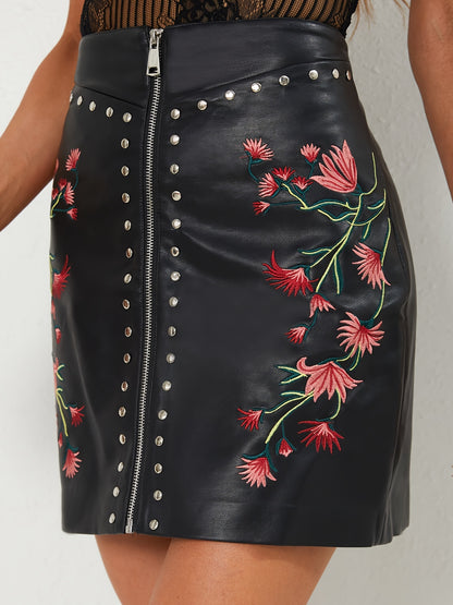 Floral Pattern Zip-up Studded Detail Skirt, Stylish Faux Leather Mini Skirt For Spring & Summer, Women's Clothing MyFave Boutique