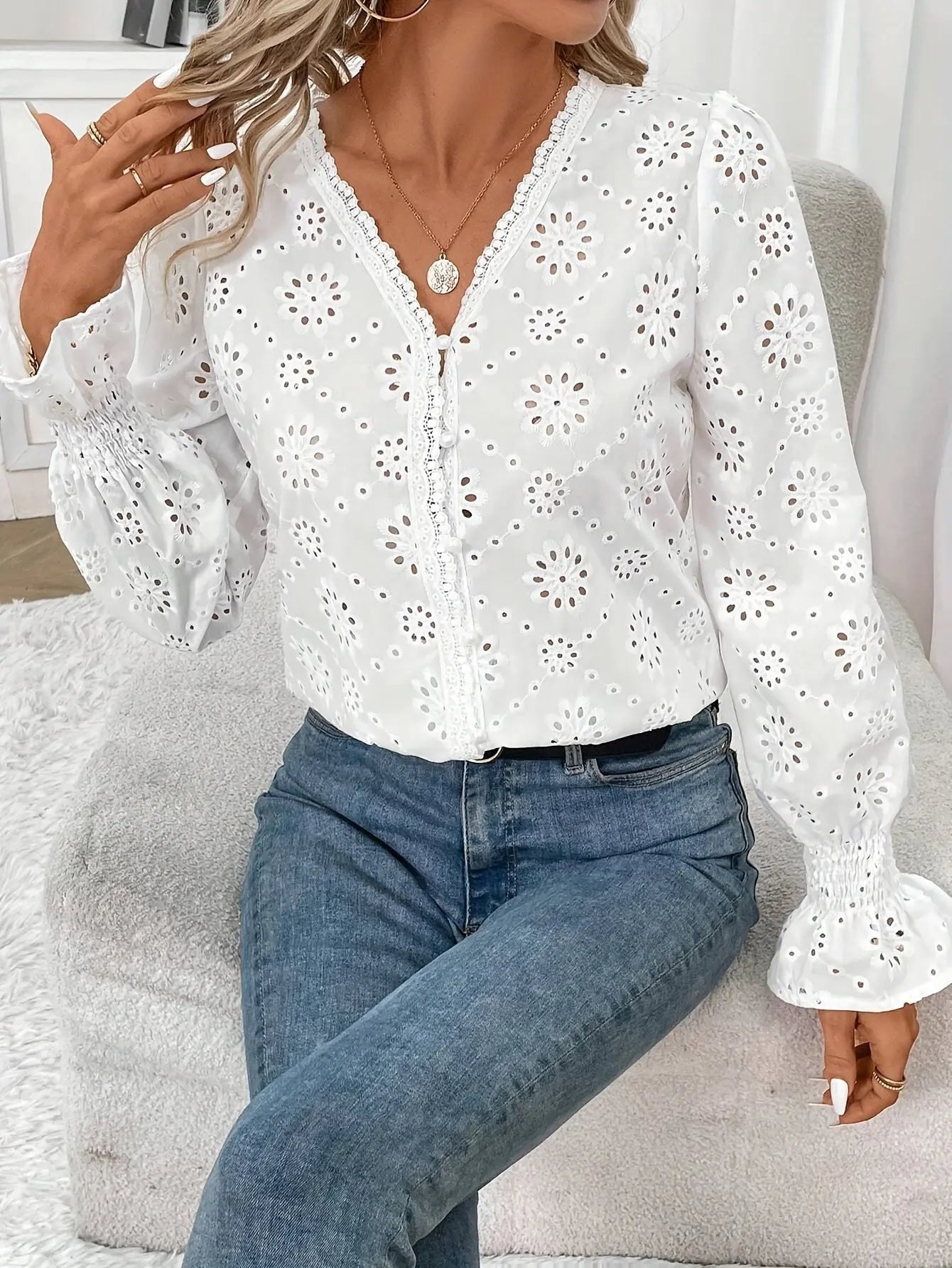 Solid V Neck Eyelet Blouse, Casual Bell Sleeve Blouse For Spring & Fall, Women's Clothing MyFave Boutique