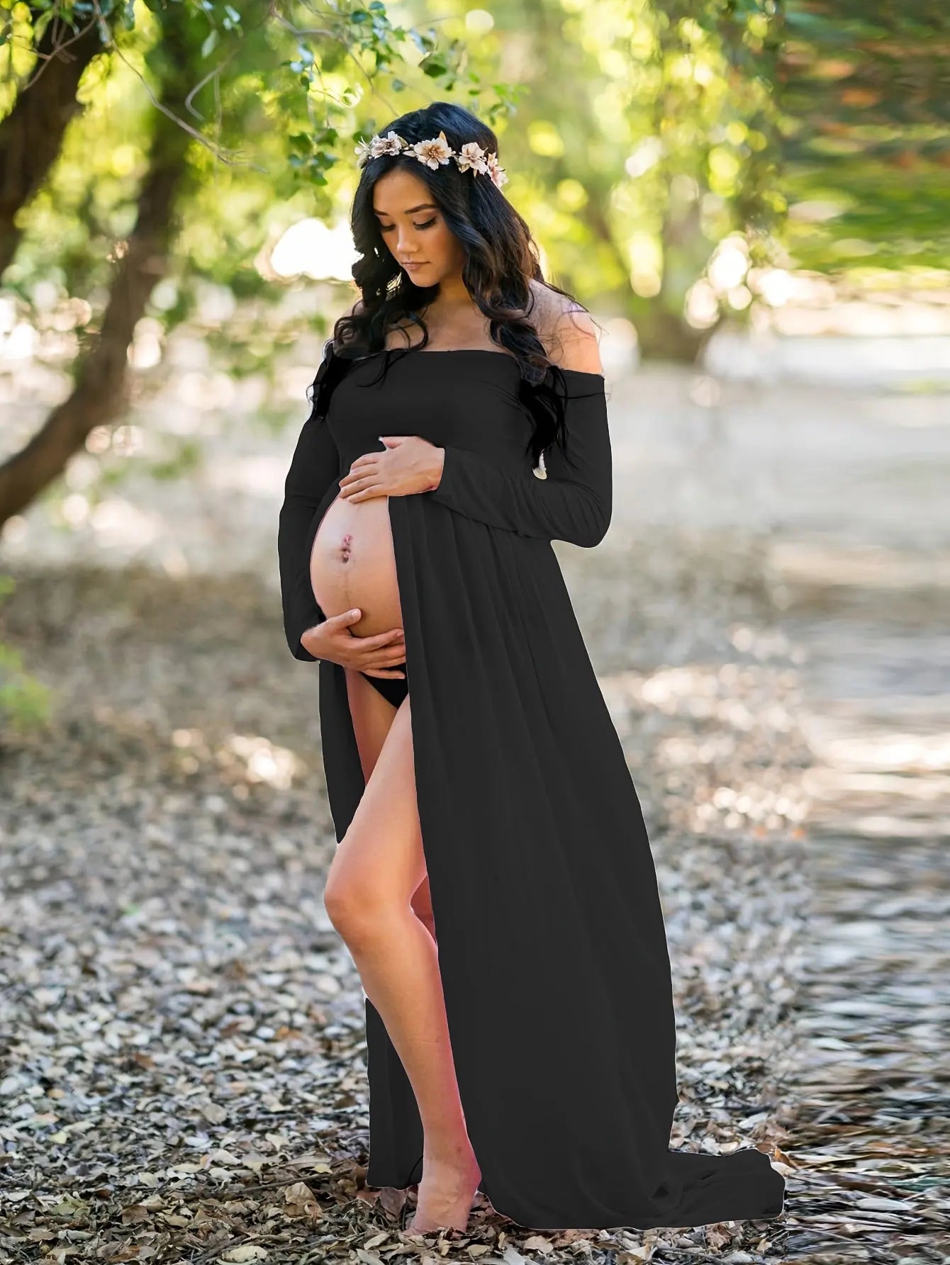 Maternity Solid Color Off The Shoulder Design Dress, Thin Comfy Sexy Stretchy Long Sleeve Pregnant Women's Clothing MyFave Boutique