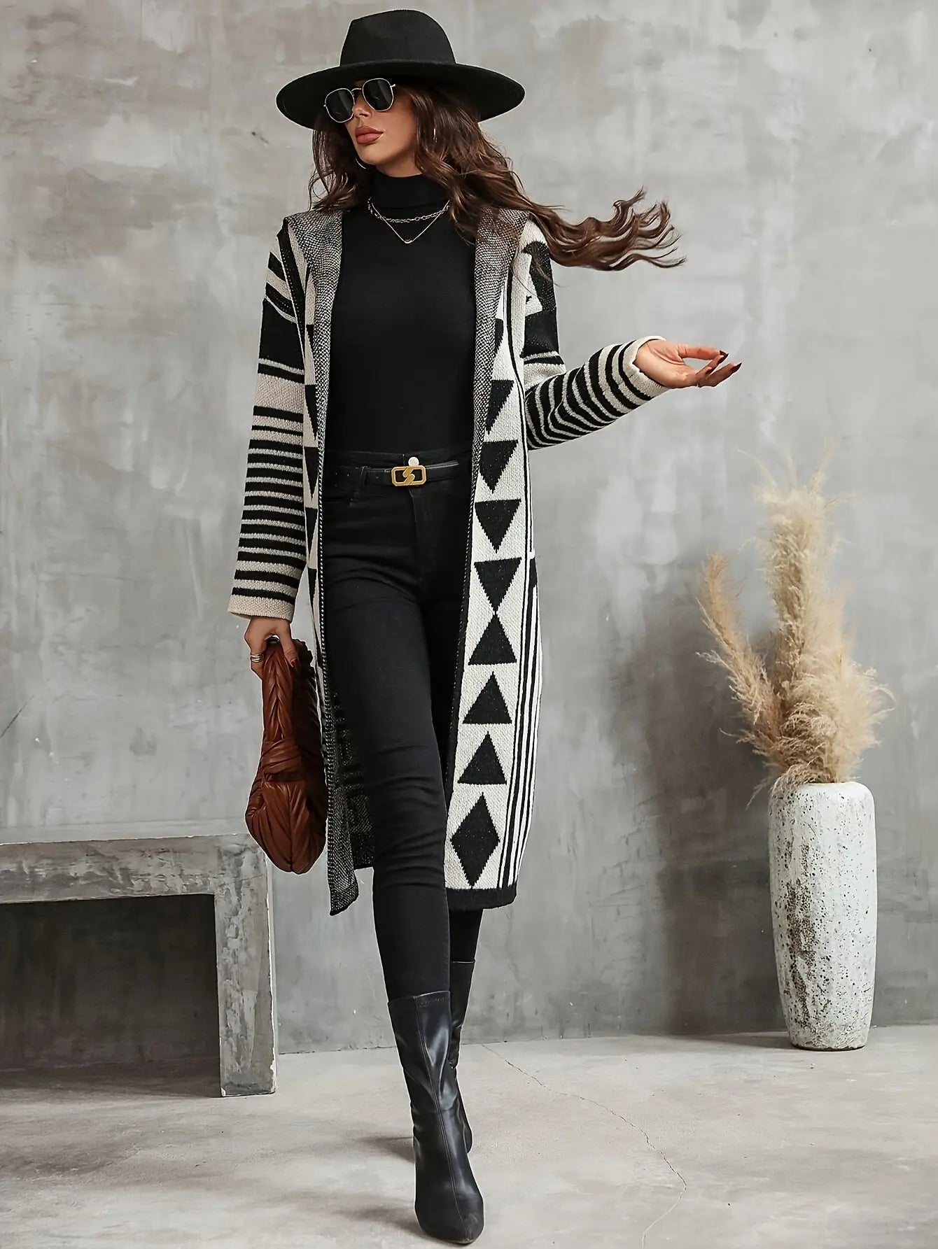 Geo Pattern Long Sleeve Open Front Color Block Knitted Cardigan for Women - Fall & Winter MyFave Boutique