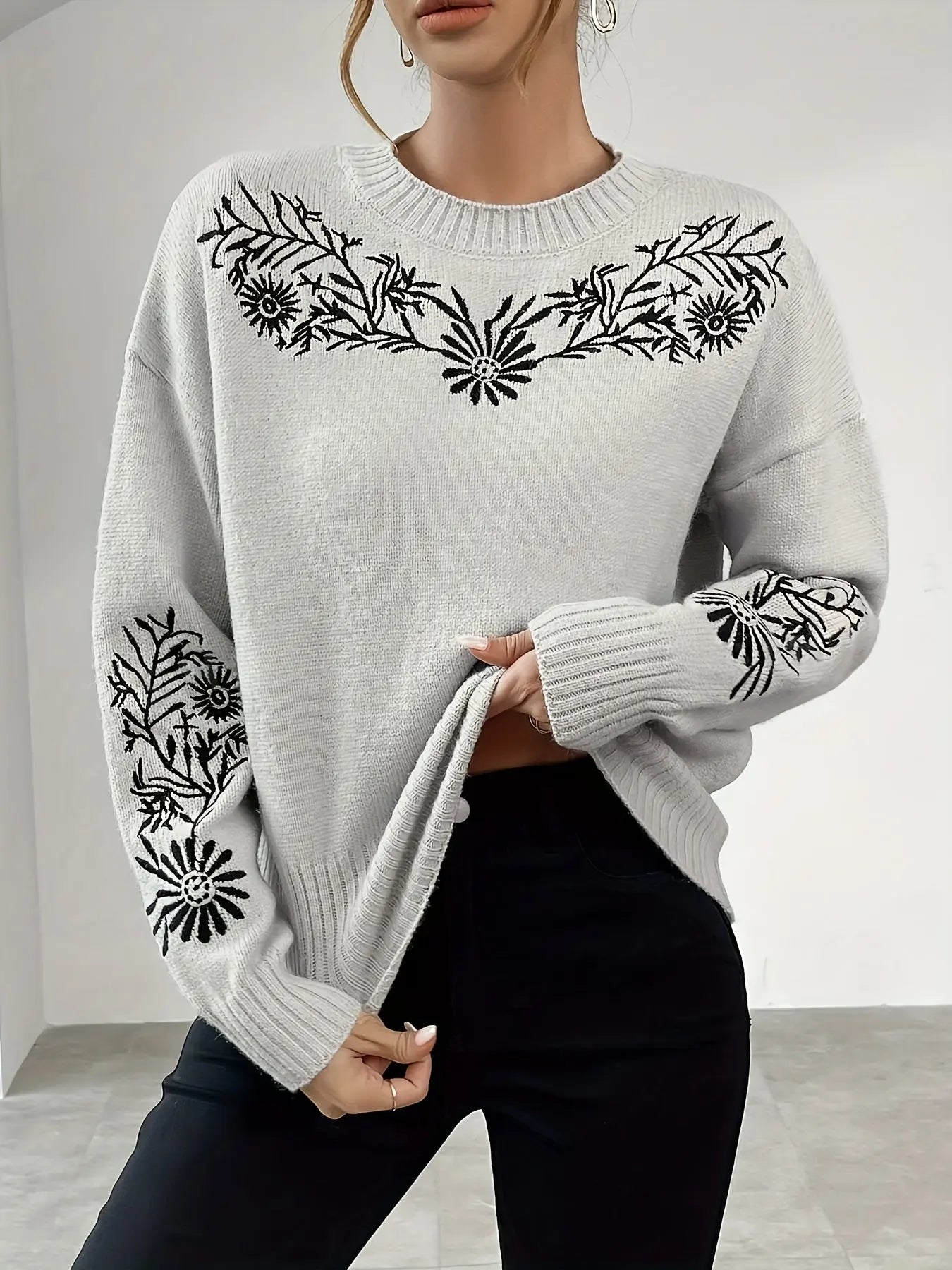 Elegant Embroidered Floral Knit Sweater for Women - Cozy Acrylic Pullover with Long Sleeves, Perfect for Fall & Winter MyFave Boutique