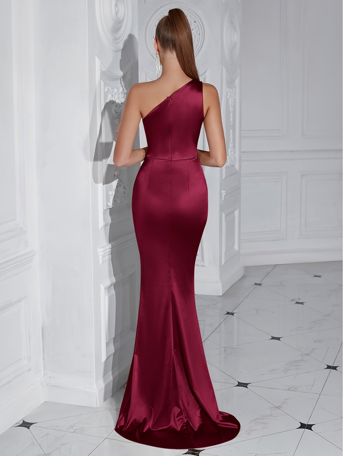 Satin One Shoulder Dress, Elegant Ruched Wrap Hem Floor Length Evening Dress For Party & Banquet, Women's Clothing MyFave Boutique