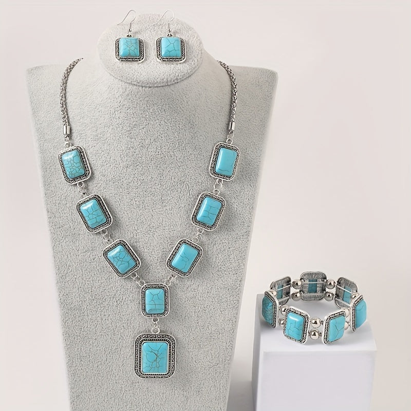 3-Piece Vintage Turquoise Jewelry Set - Timeless Elegance With Handcrafted Necklace+Earrings+Bracelet, Statement Bohemian Charm Jewelry Set- Perfect For Daily Outfits And Parties MyFave Boutique