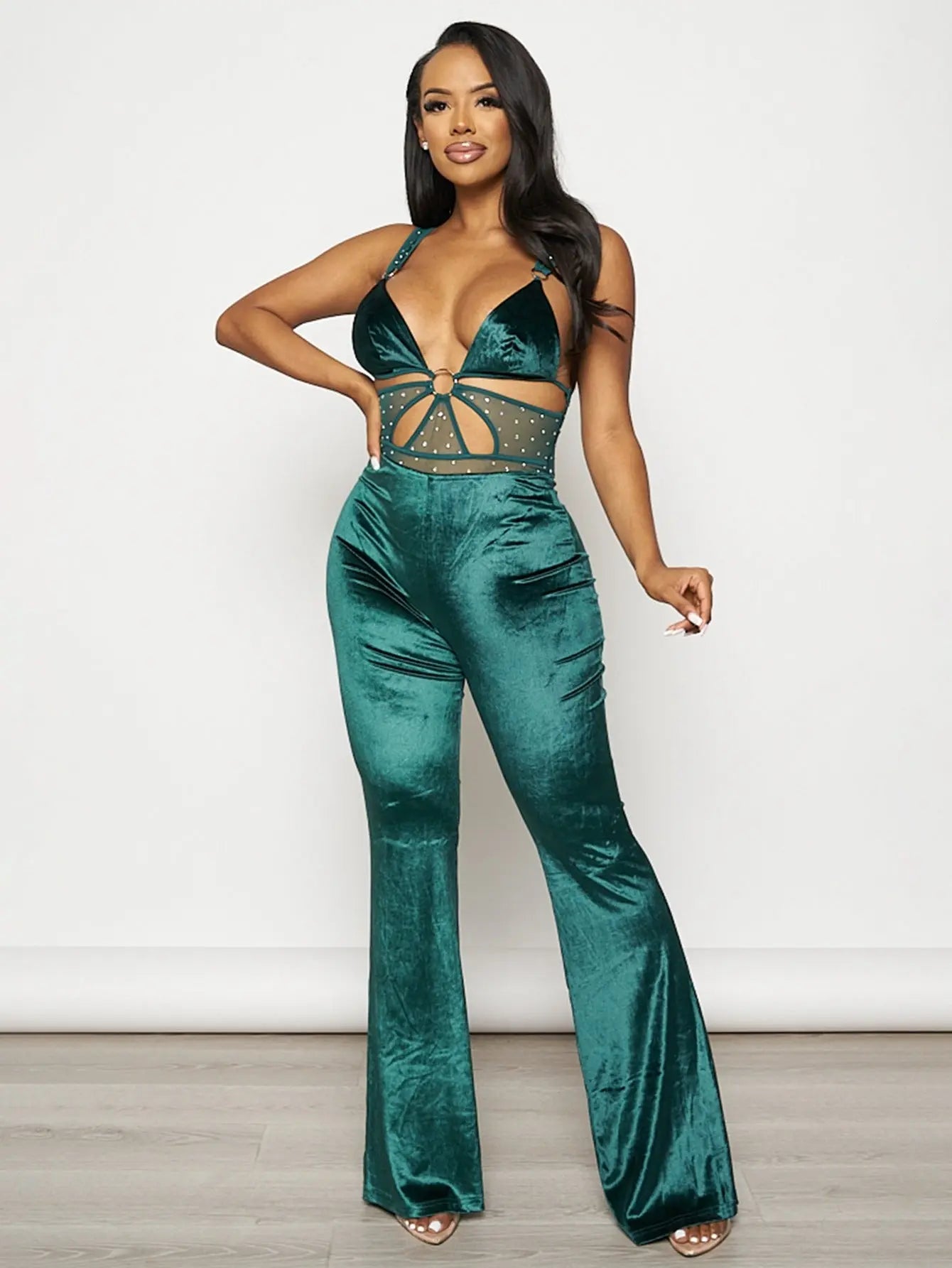 Glam Velvet Rhinestone Flare Jumpsuit - Luxe Night Out Outfit for Women MyFave Boutique