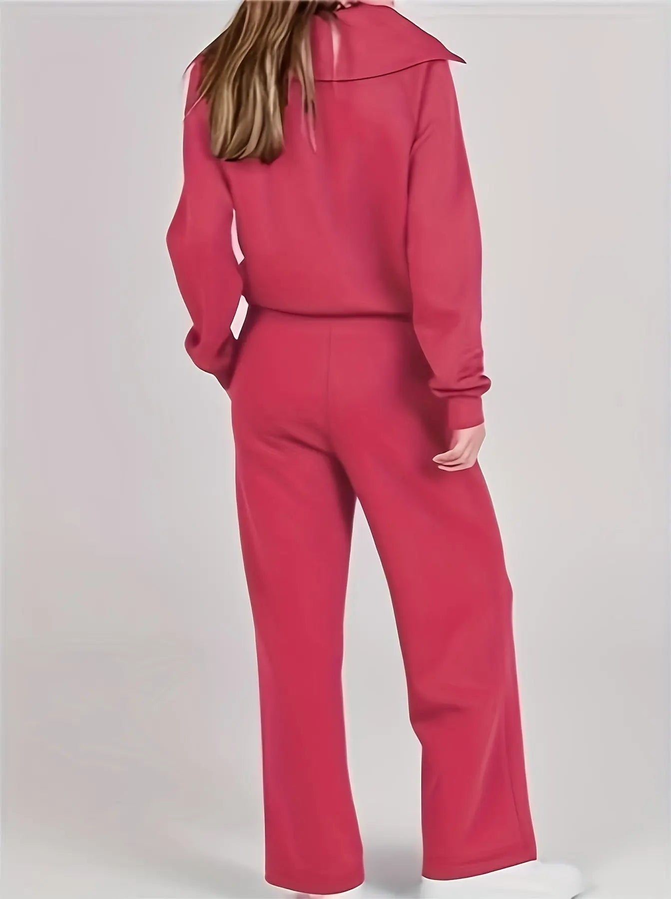 Zip-up Solid Color Trendy Set, Long Sleeve Collared Sweatshirt & Straight Leg Loose Pants, Women's Clothing MyFave Boutique