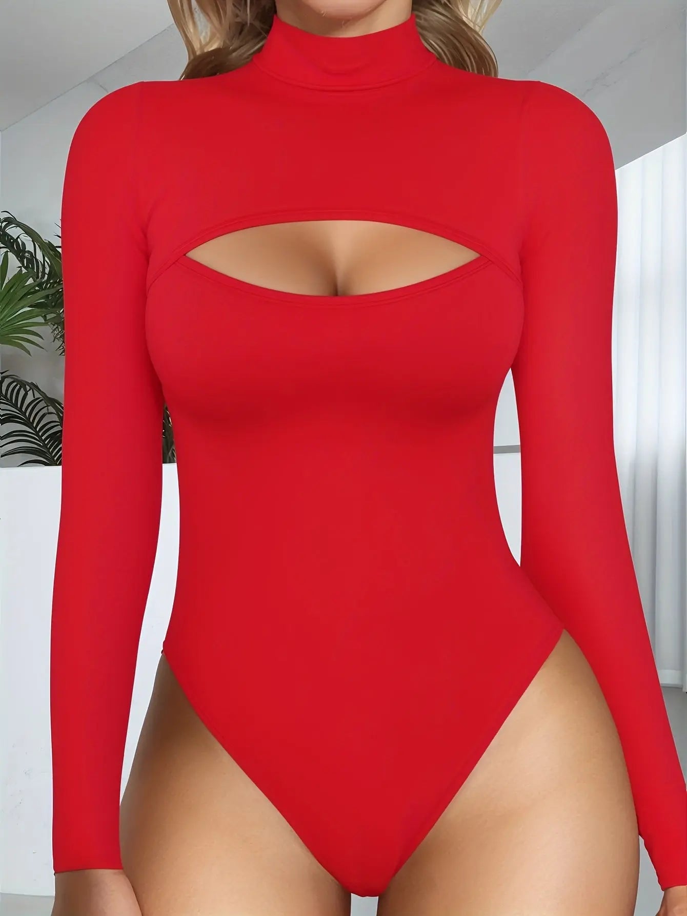 Mock Neck Cutout Front Top Long Sleeve Bodysuits For Women MyFave Boutique