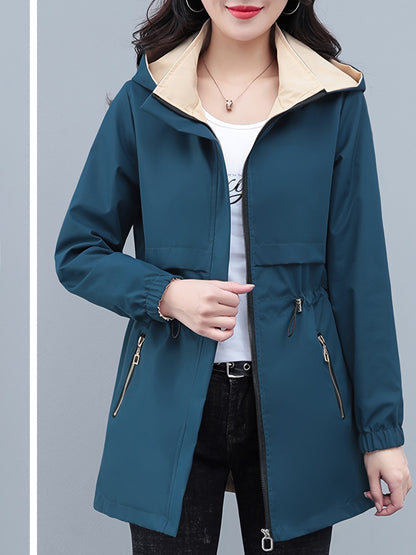 Color Block Zip-up Hoodie Windbreaker Jacket, Casual Long Sleeve Slant Pockets Drawstring Jacket For Spring & Fall, Women's Clothing MyFave Boutique