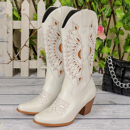 Women's Solid Color Chunky Heel Western Boots, Fashion Slip On Boots, Women's Comfortable Boots MyFave Boutique