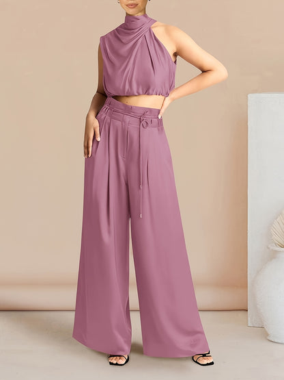 Womens 2024 Summer Sleeveless Mock Neck Crop Tops Wide Leg Pants Set MyFave Boutique