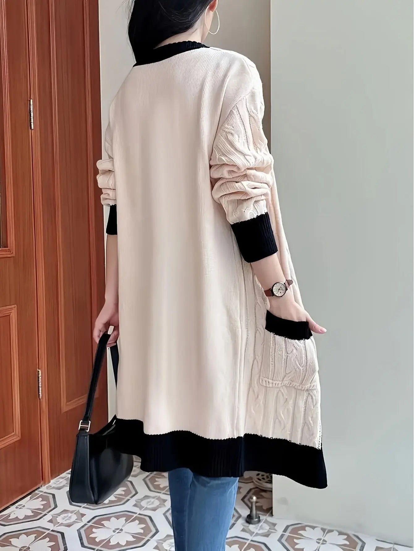 Contrast Trim Button Front Cardigan, Elegant Long Sleeve Pocket Mid-length Cardigan For Spring & Fall, Women's Clothing MyFave Boutique