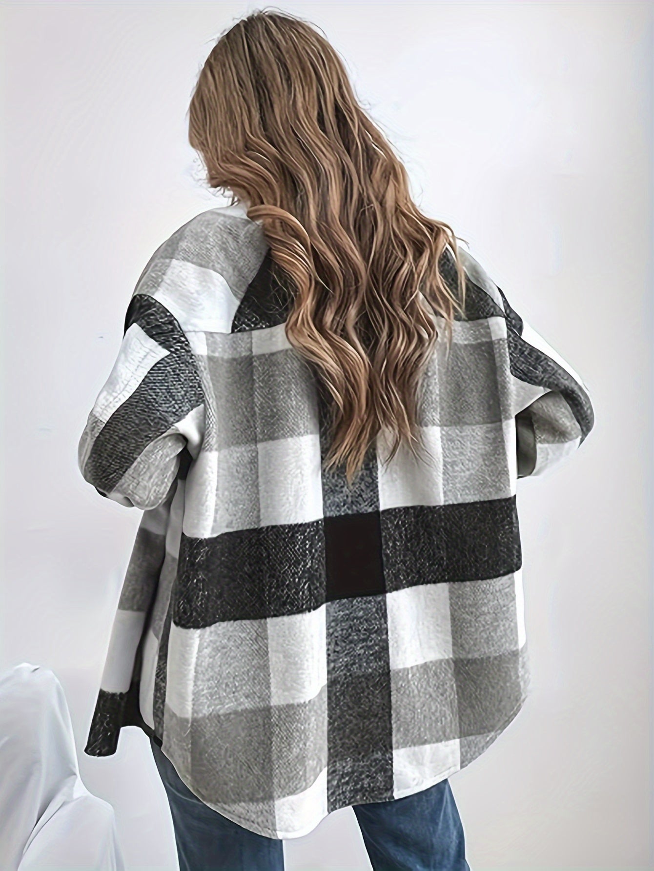 Plaid Print Flap Pockets Jacket, Casual Single Breasted Drop Shoulder Loose Outwear, Women's Clothing MyFave Boutique