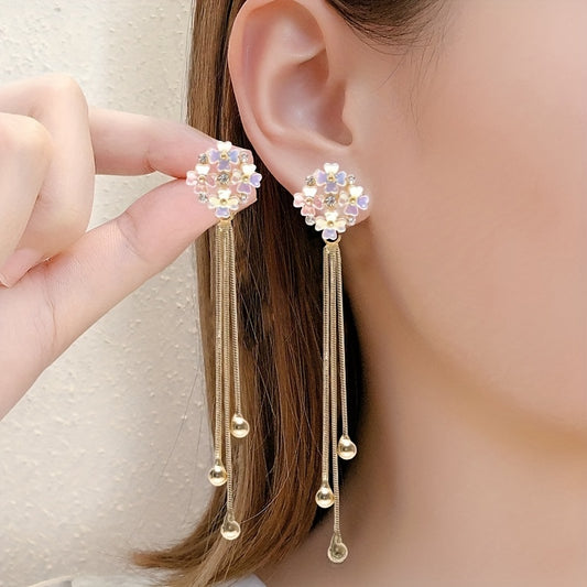 Elegant Golden Tassel Drop Earrings With Crystal Flowers & Zircon - 925 Silvery Post, Perfect For Daily Wear Or Parties Beaded Earrings For Women Flower Earrings For Women MyFave Boutique