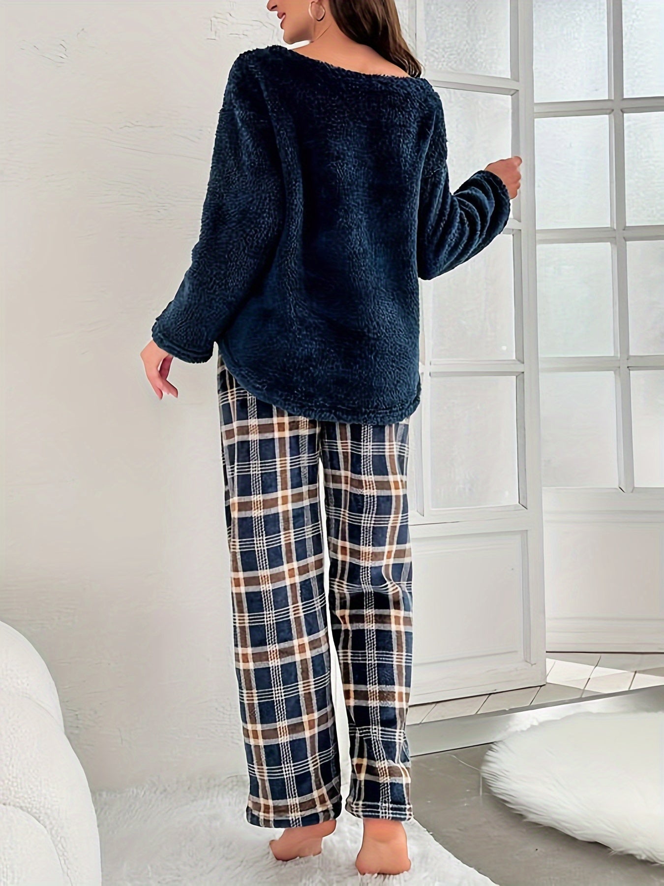 Women's Plaid Fleece Pajama Set - Long Sleeve V Neck Top & Elastic Pants, Cozy & Thickened Sleepwear MyFave Boutique