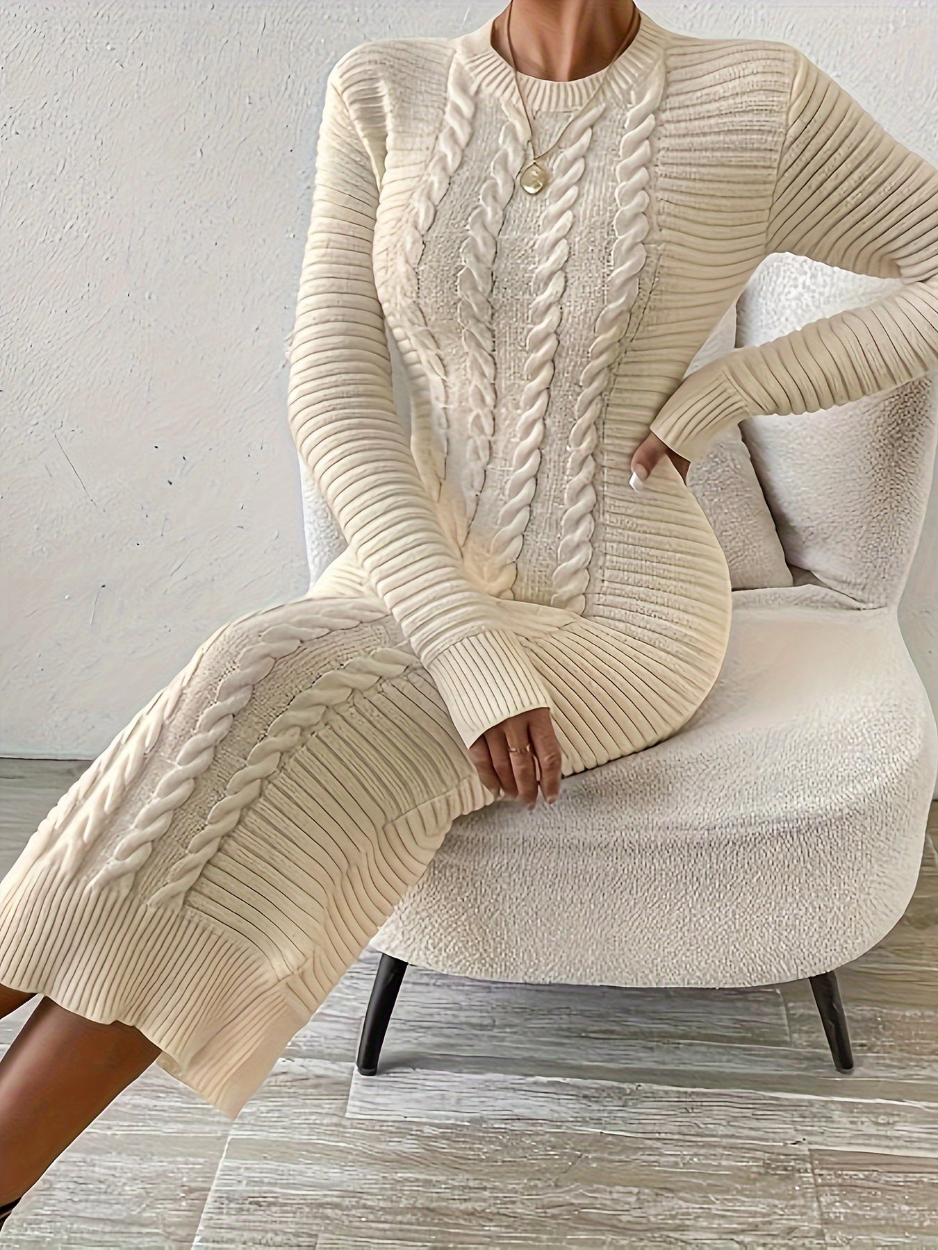 Cable Knit Bodycon Dress, Elegant Solid Color Long Sleeve A-line Dress For Spring & Fall, Women's Clothing MyFave Boutique